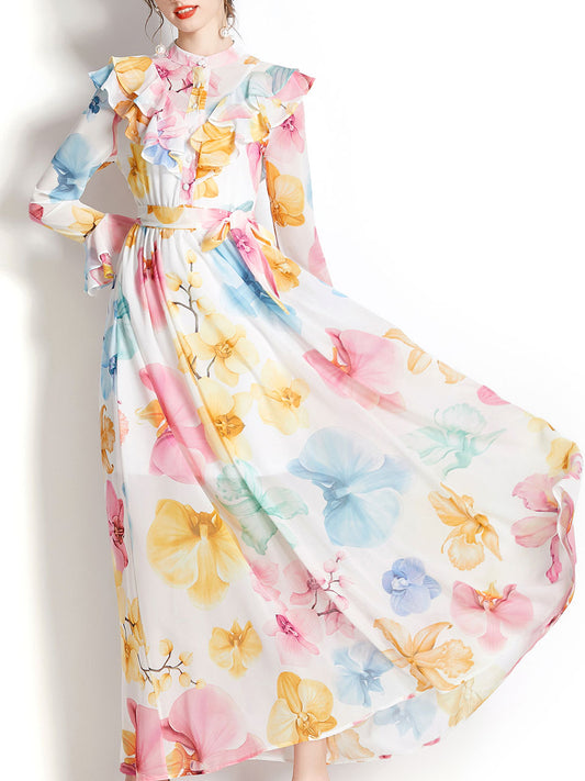 White Flower Ruffles Neck Floral Print Trumpet Sleeve Bohemian Dress Maxi Dress