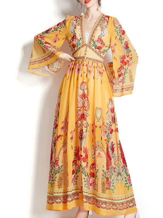 Yellow V Neck Floral Print Trumpet Sleeve Bohemian Dress Maxi Dress